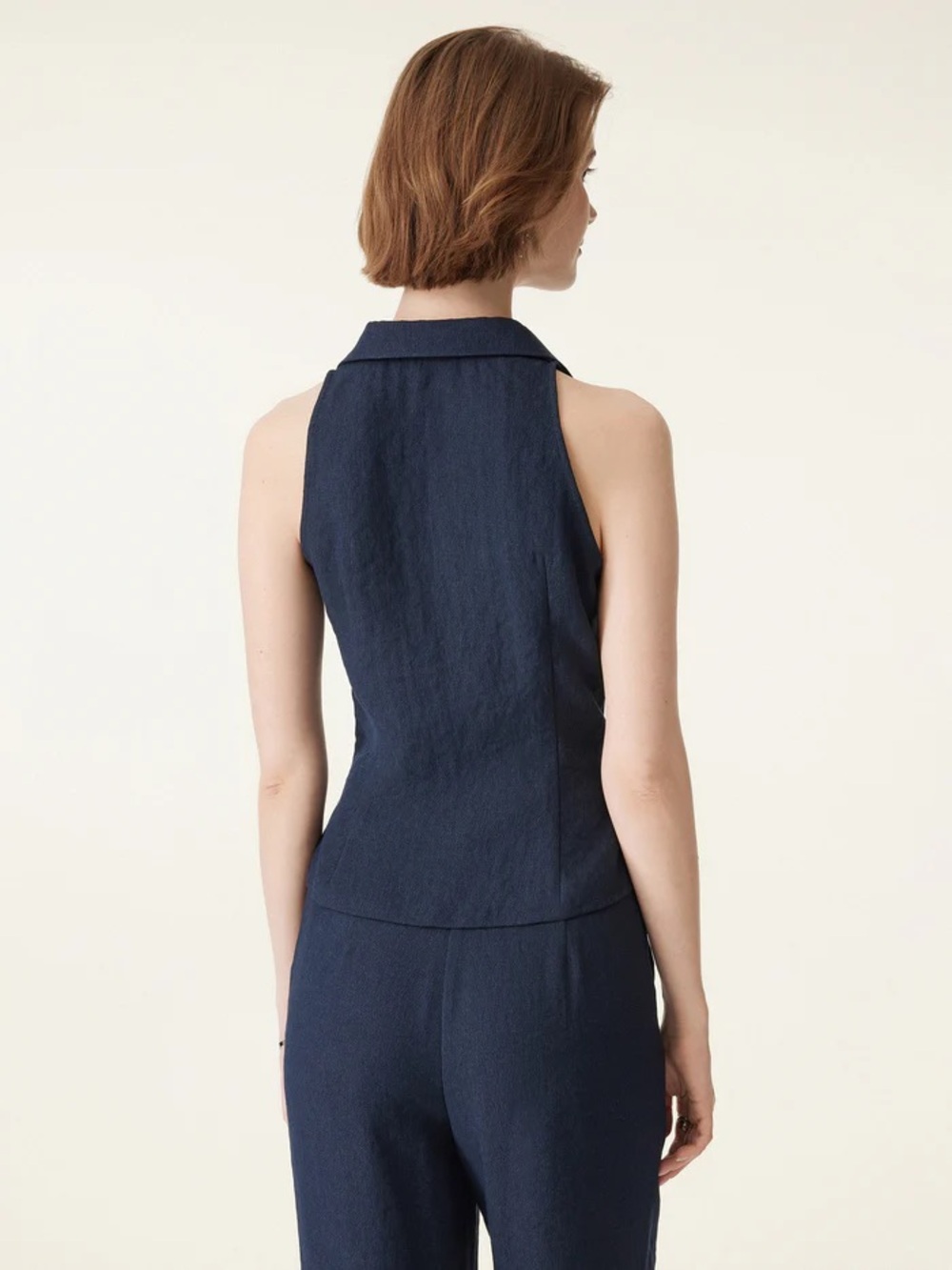 OGL Navy Collared V-neck Pleated Sleeveless Top with Drawstring Size Medium - Picture 2 of 3